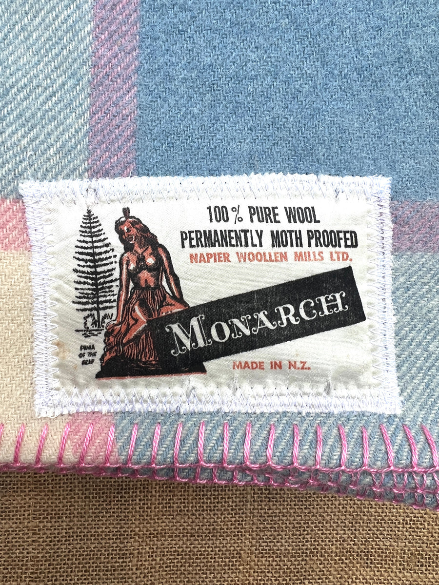 Pink and Blue Check QUEEN Napier Woollen Mills Vintage NZ Wool Blanket