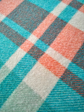 Load image into Gallery viewer, Beachy Turquoise and Coral SINGLE Pure Wool Retro Blanket