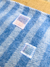 Load image into Gallery viewer, Soft Blue Check SINGLE Wool Blanket with three Patch Repairs - Fresh Retro Love NZ Wool Blankets