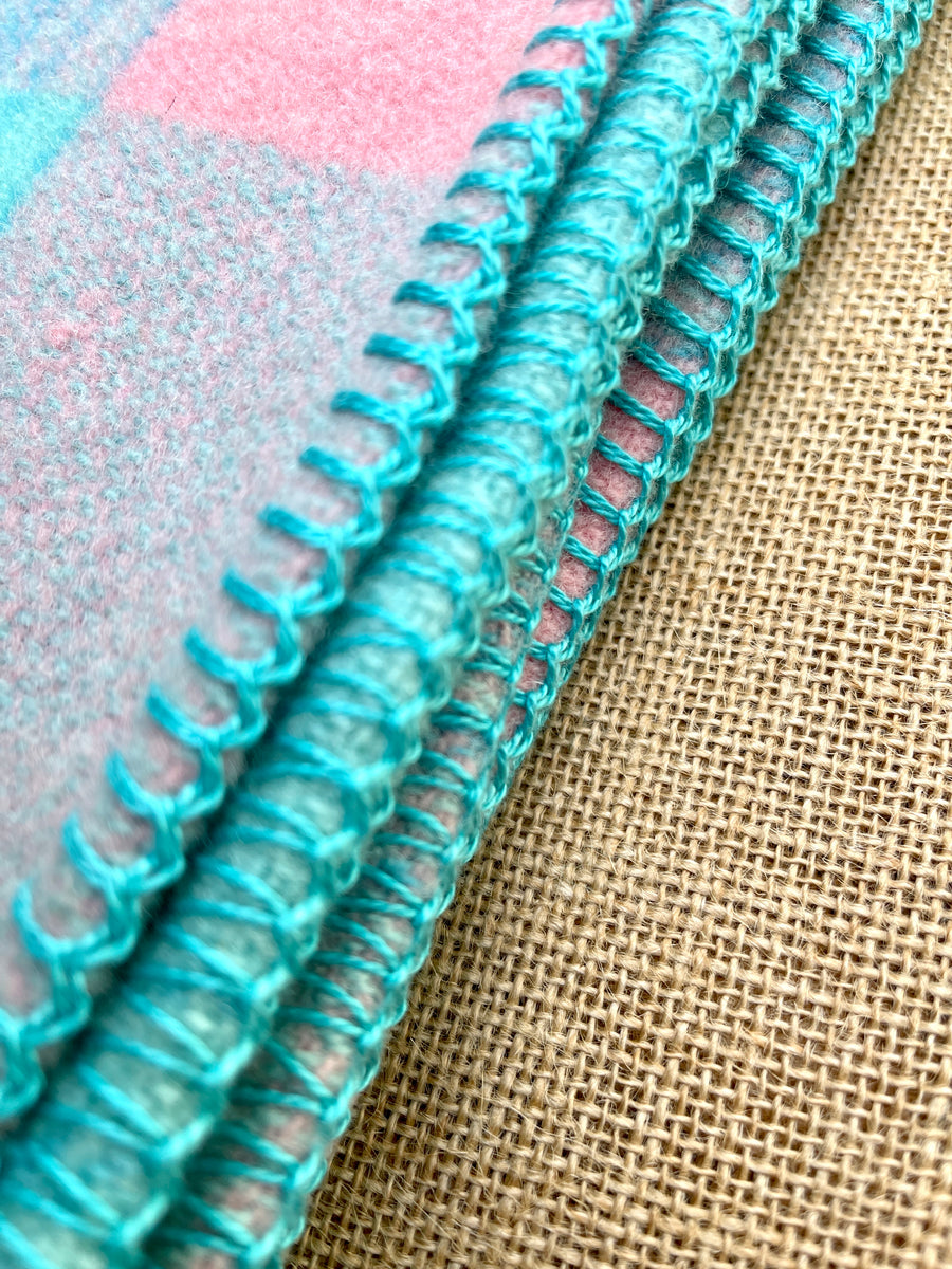 Turquoise & Pink SINGLE New Zealand Wool Blanket Fresh Retro Love
