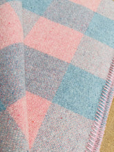 Load image into Gallery viewer, Soft Pastel Apricot Pink and Mint Blue Check DOUBLE Pure Wool Blanket.