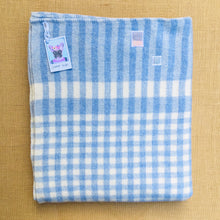Load image into Gallery viewer, Soft Blue Check SINGLE Wool Blanket with three Patch Repairs - Fresh Retro Love NZ Wool Blankets