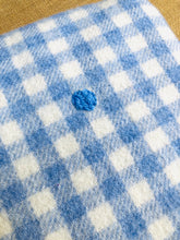Load image into Gallery viewer, Soft Blue Check SINGLE Wool Blanket with Heart Repair - Fresh Retro Love NZ Wool Blankets