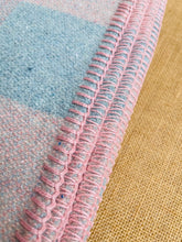 Load image into Gallery viewer, Soft Pastel Apricot Pink and Mint Blue Check DOUBLE Pure Wool Blanket.