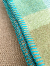 Load image into Gallery viewer, Apple Green & Aqua Blue SMALL SINGLE Pure Wool Blanket