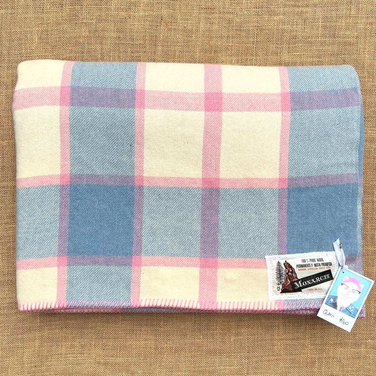 Pink and Blue Check QUEEN Napier Woollen Mills Vintage NZ Wool Blanket