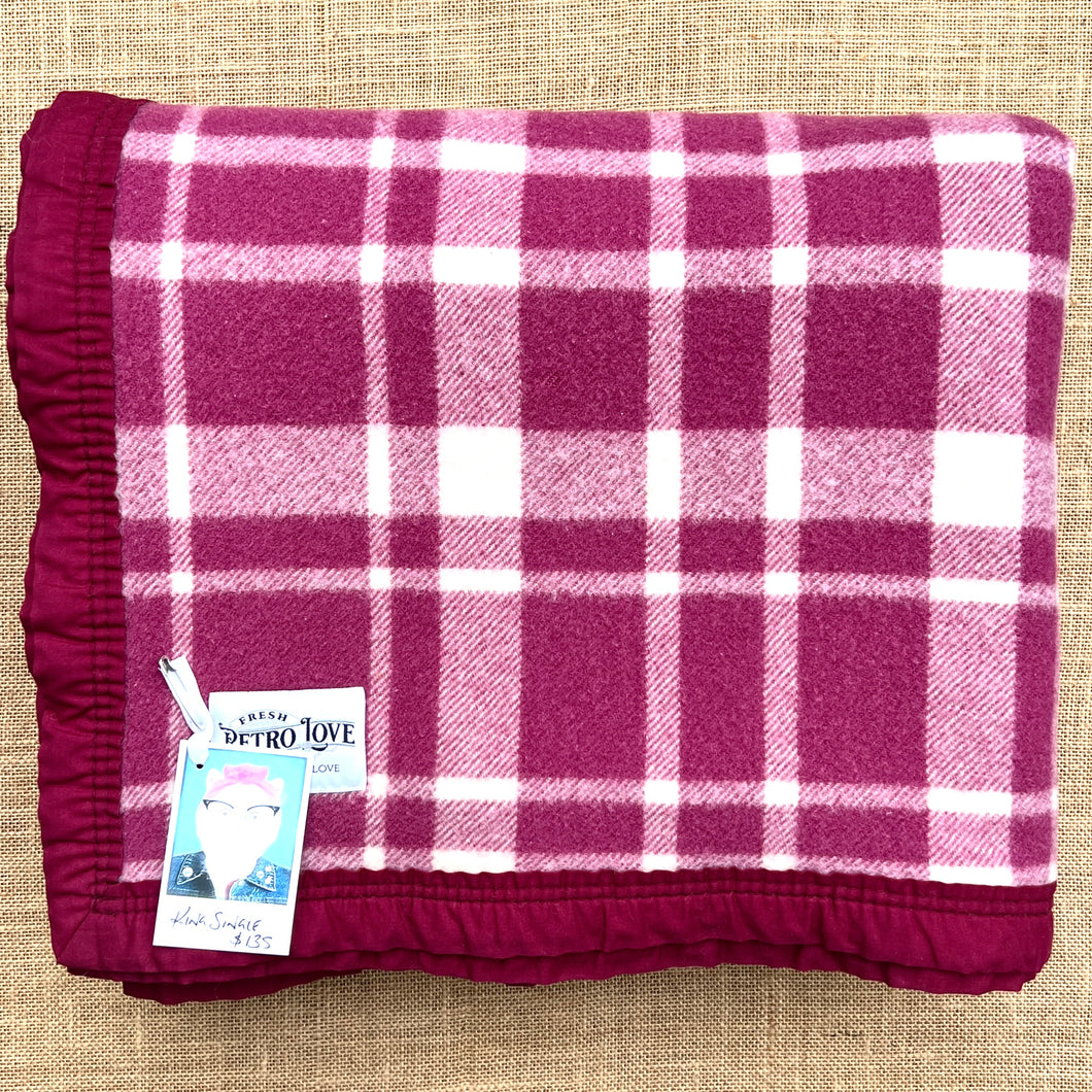 Berry Check KING SINGLE with Fabric Trim New Zealand Wool Blanket