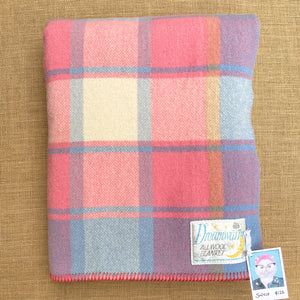 Pretty Salmon Pink & Blue Check SINGLE New Zealand Wool Blanket.