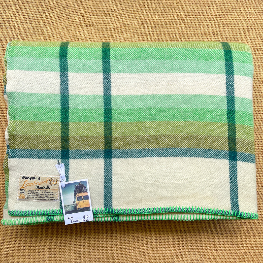 Bright Greens Stripe & Check DOUBLE/QUEEN New Zealand Wool blanket