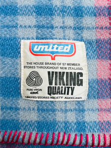 Bright Raspberry & Blue SINGLE NZ Wool Blanket (with label)