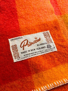 Rare Design Bright 1970's Onehunga Woollen Mills SINGLE Wool Blanket with Tiki Label - Fresh Retro Love NZ Wool Blankets