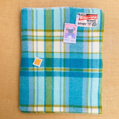 Wondawarm KNEE/COT Blanket in Bright Turquoise with Patch Features - Fresh Retro Love NZ Wool Blankets