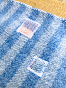 Soft Blue Check SINGLE Wool Blanket with three Patch Repairs - Fresh Retro Love NZ Wool Blankets