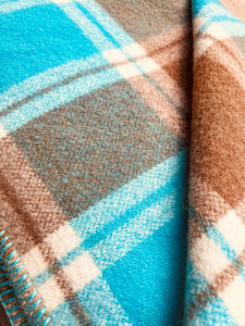 Thick & Heavy Turquoise & Brown KING SINGLE Pure New Zealand Wool Blanket.