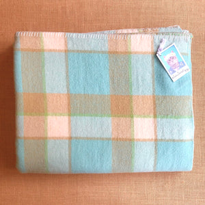 Beautiful Mint, Tan and Cream check KING SINGLE Pure Wool Blanket. - Fresh Retro Love NZ Wool Blankets