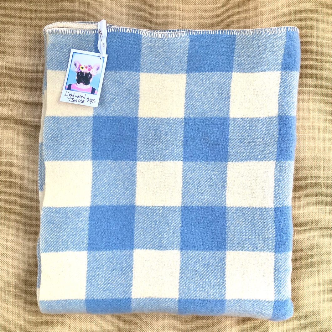 Lightweight SINGLE Wool Blanket in blue and cream check - Fresh Retro Love NZ Wool Blankets