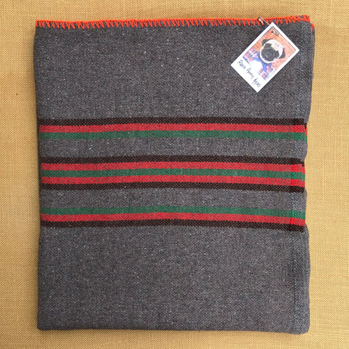 Genuine Vintage Grey Army Blanket SINGLE Wool with RARE Red, Green and Black Stripe - Fresh Retro Love NZ Wool Blankets
