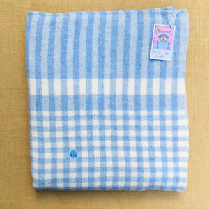 Soft Blue Check SINGLE Wool Blanket with Heart Repair - Fresh Retro Love NZ Wool Blankets