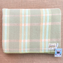 Load image into Gallery viewer, Soft Mint and Sage Check DOUBLE Pure Wool Blanket.
