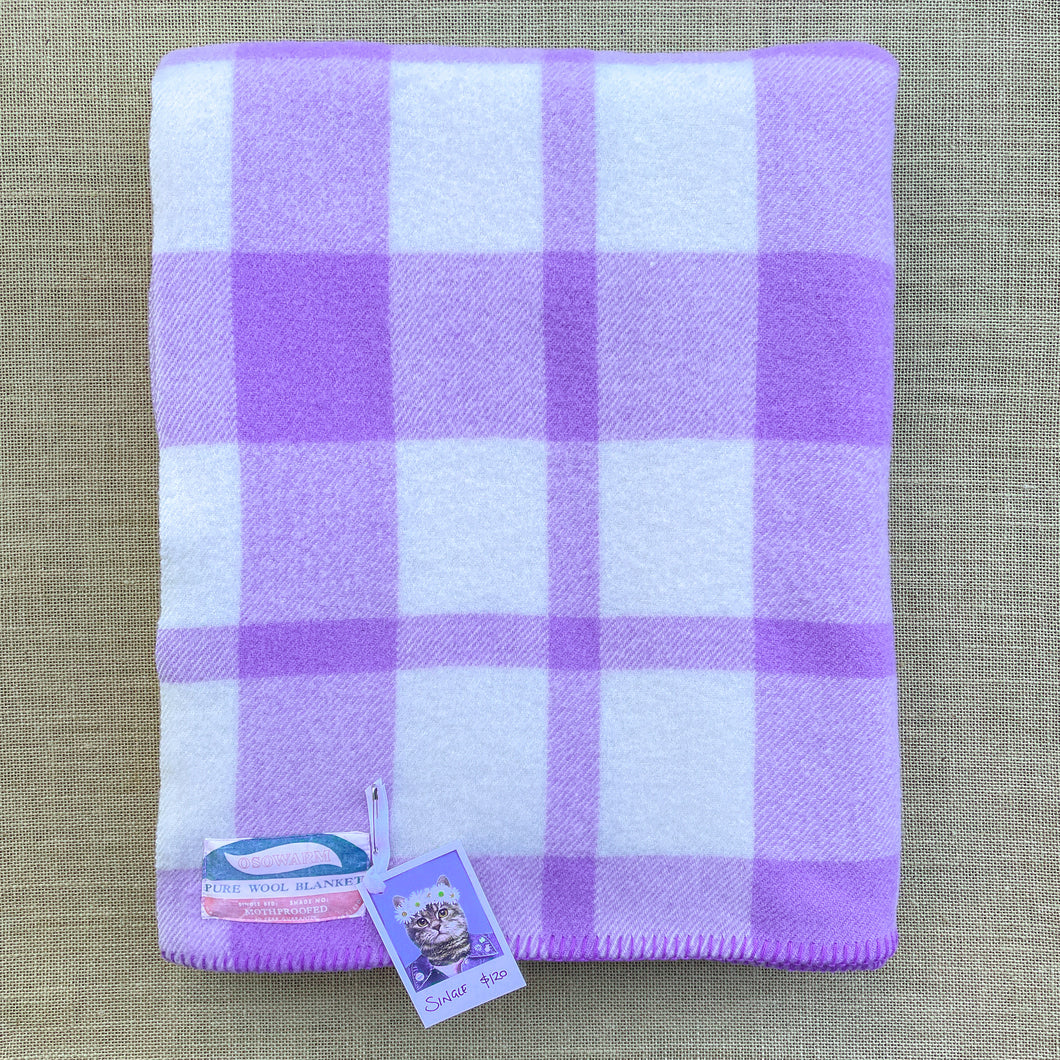 Gorgeous Violet Check SINGLE Pure New Zealand Wool Blanket