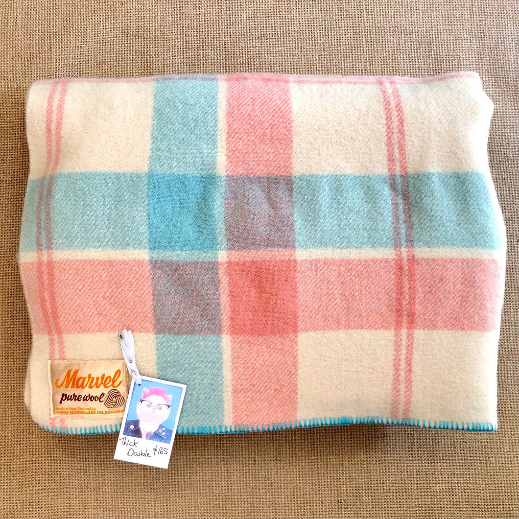 Pretty Turquoise, Pink and Cream DOUBLE Wool Blanket - Marvel! - Fresh Retro Love NZ Wool Blankets