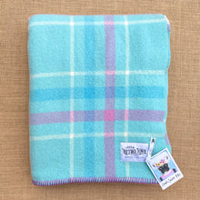 Load image into Gallery viewer, Aqua Blue with Magenta Stripe SMALL SINGLE New Zealand Wool Blanket.
