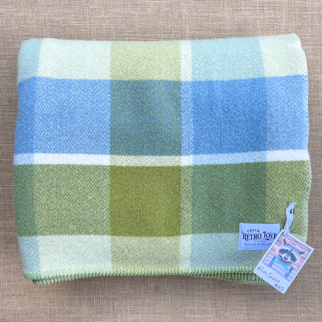 Fresh Olive & Sky Blue KING SINGLE NZ Wool Blanket with extra length