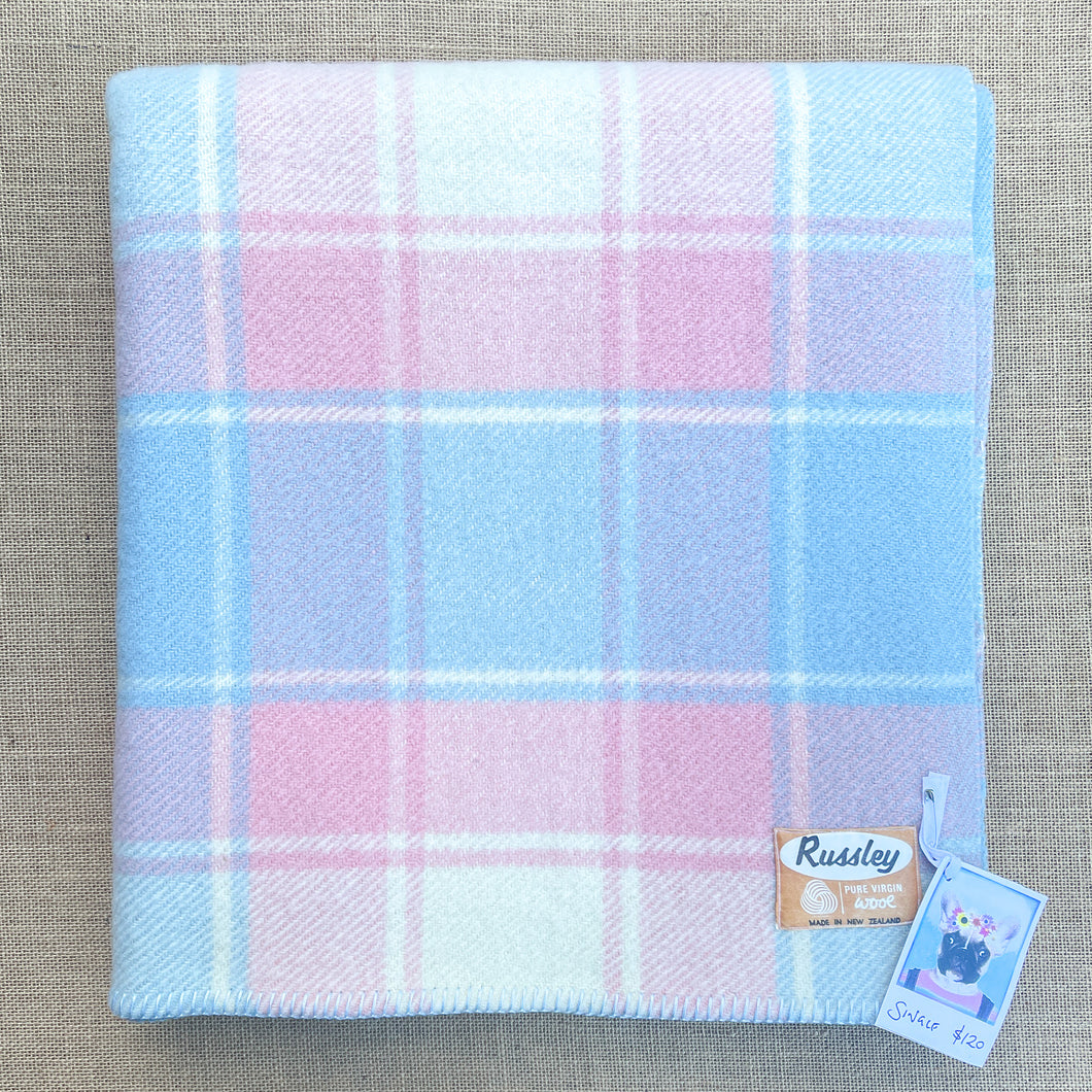 Pink & Blue Classic Check SINGLE New Zealand Wool Blanket.