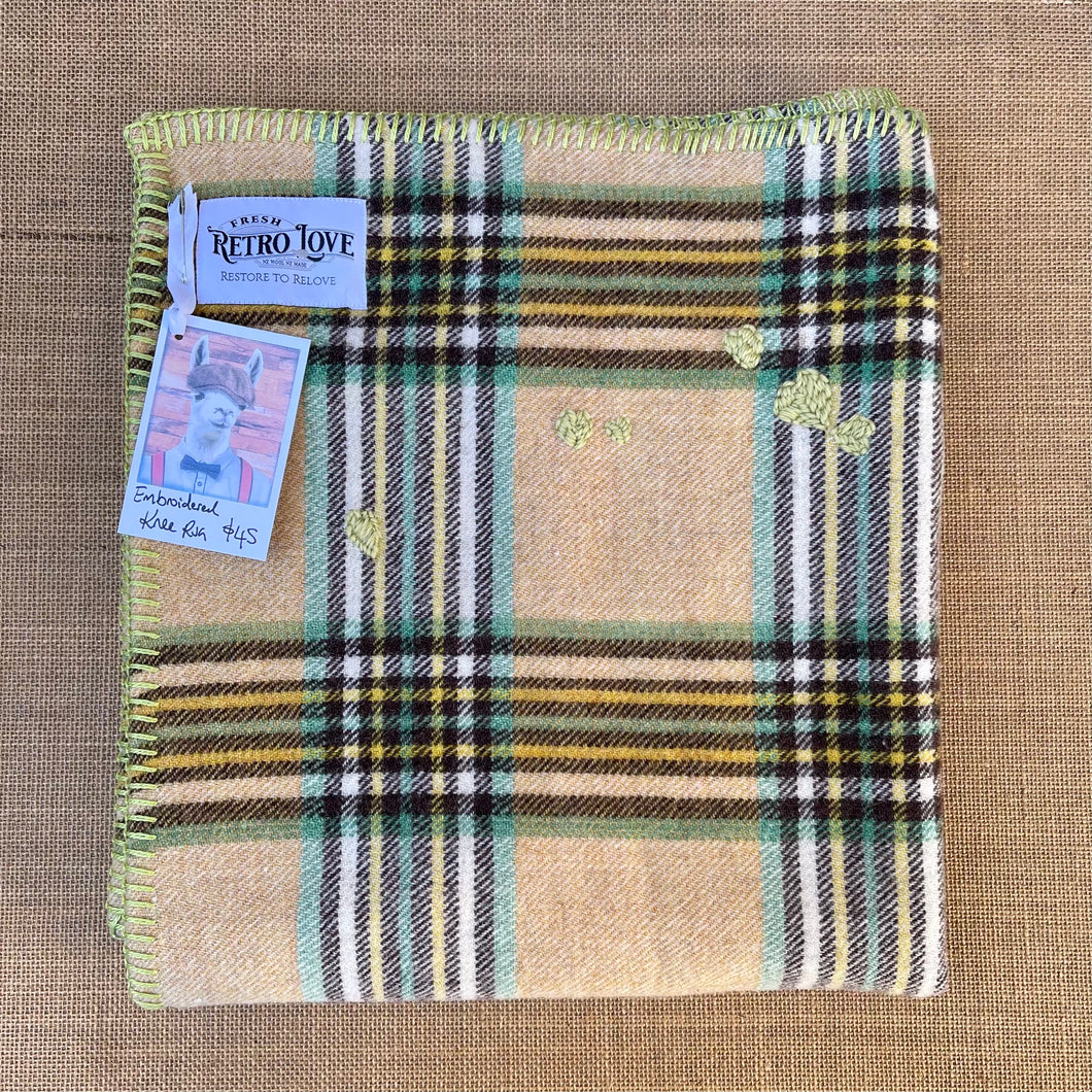 Stunning Olives & Golds KNEE/COT NZ Wool Blanket with Embroidered Hearts