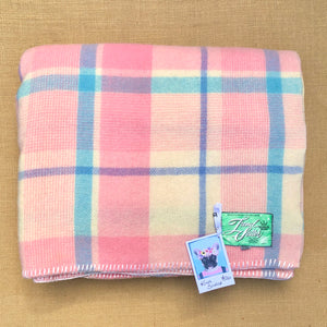 Pastel Pastel Pink and Blue check KING SINGLE Pure Wool Blanket. - Fresh Retro Love NZ Wool Blankets