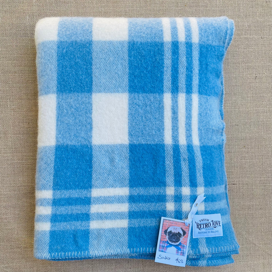 Thick Blue Check SINGLE Pure NZ Wool Blanket.