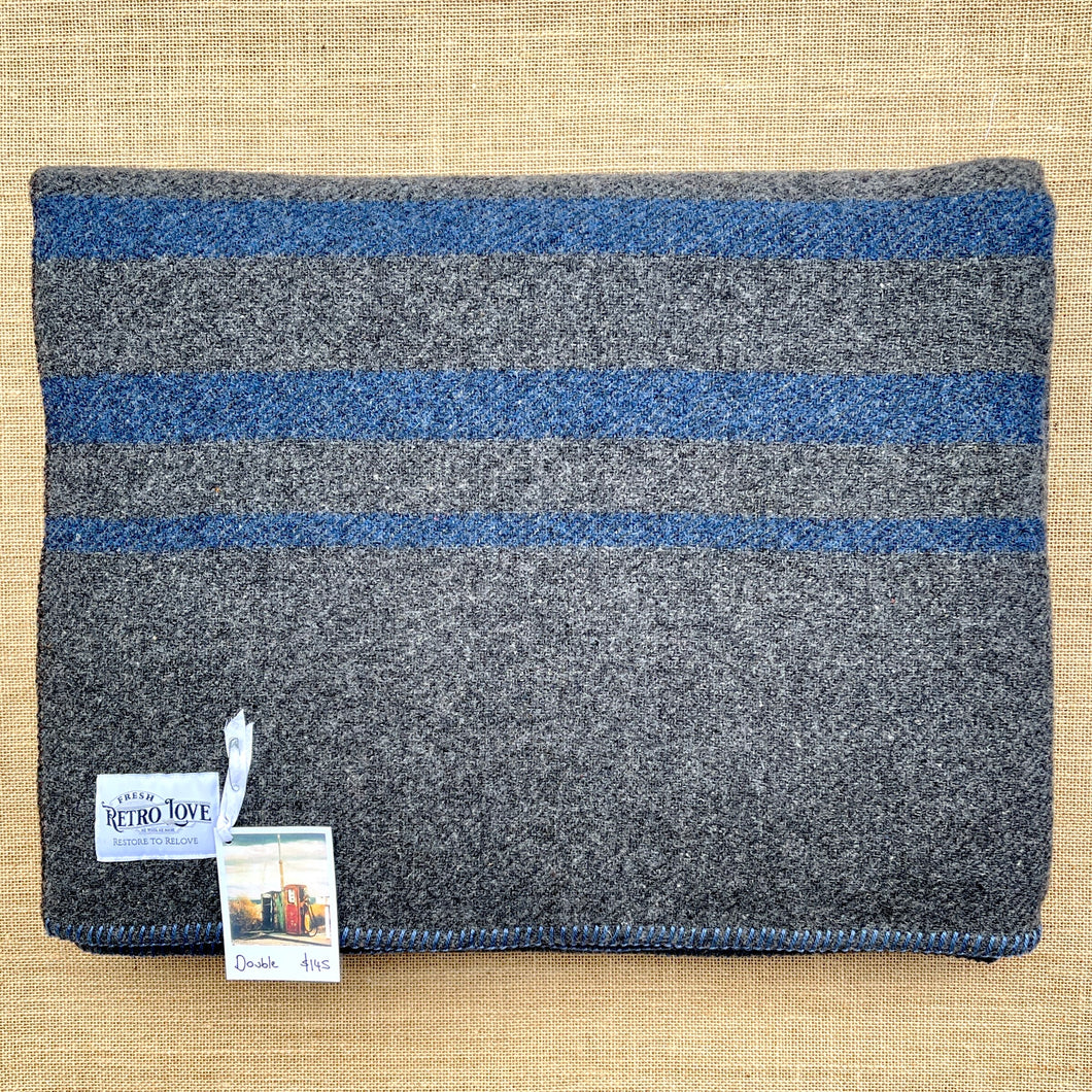Soft Grey Army Blanket DOUBLE with Blue Stripe New Zealand Wool Blanket
