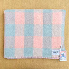 Load image into Gallery viewer, Soft Pastel Apricot Pink and Mint Blue Check DOUBLE Pure Wool Blanket.
