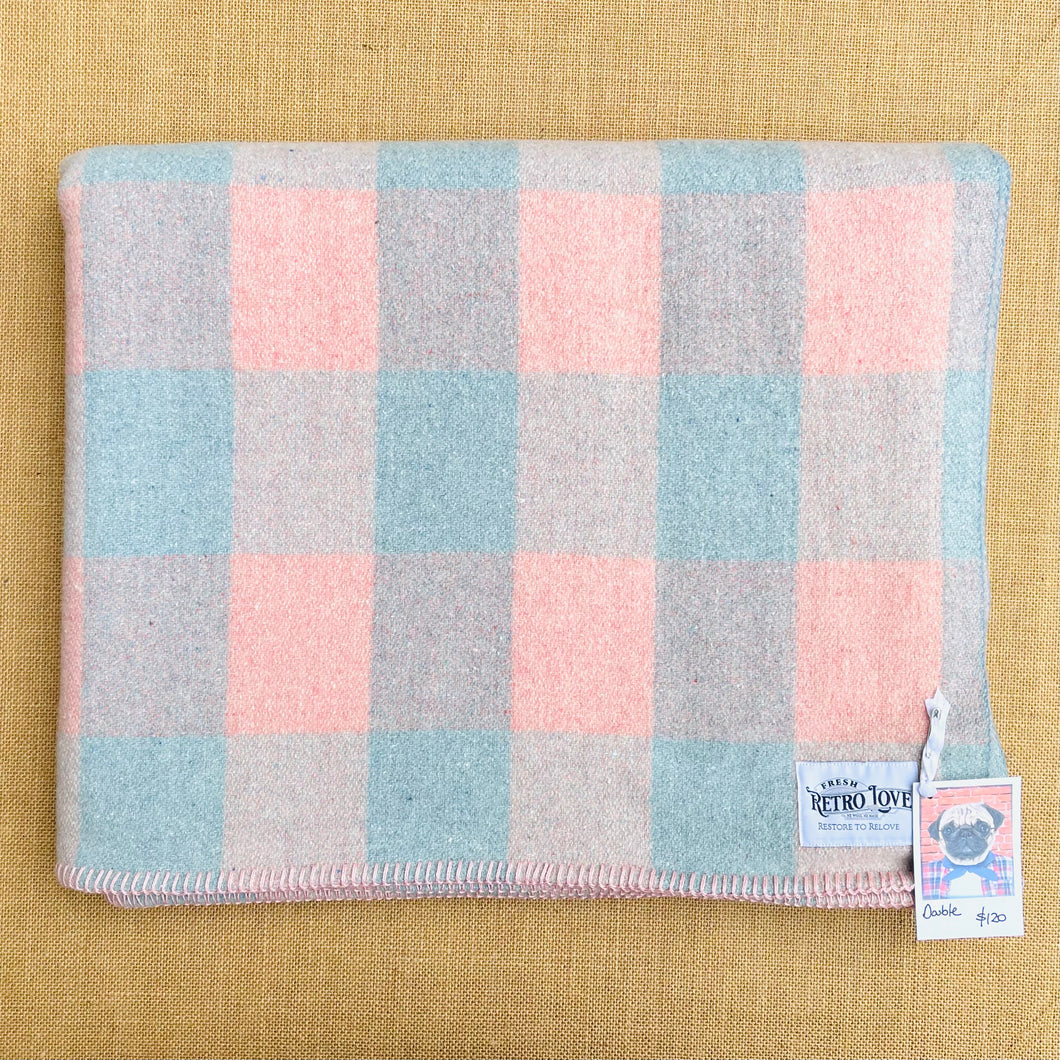 Soft Pastel Apricot Pink and Mint Blue Check DOUBLE Pure Wool Blanket.