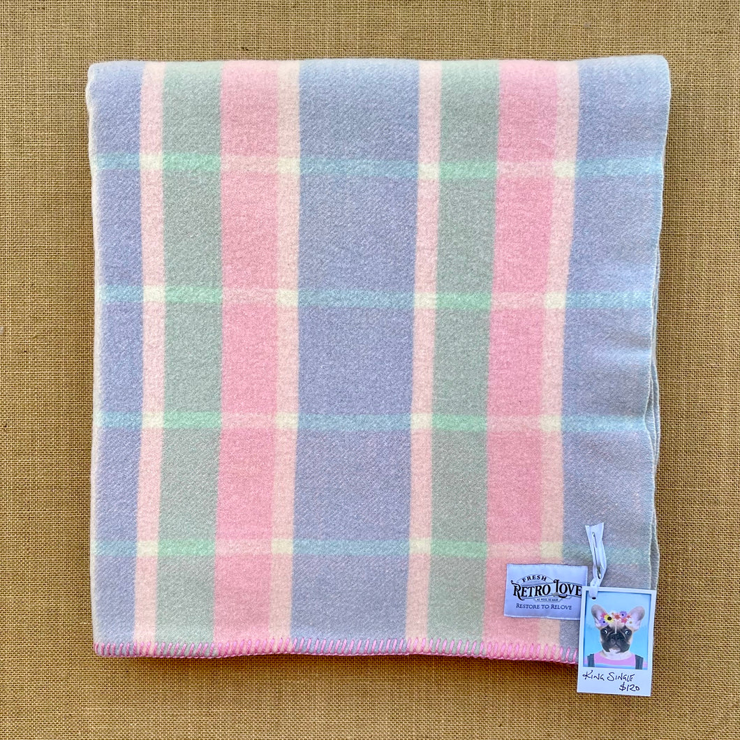 Soft Pastel Mint, Blue and Pink KING SINGLE Pure NZ Wool Blanket