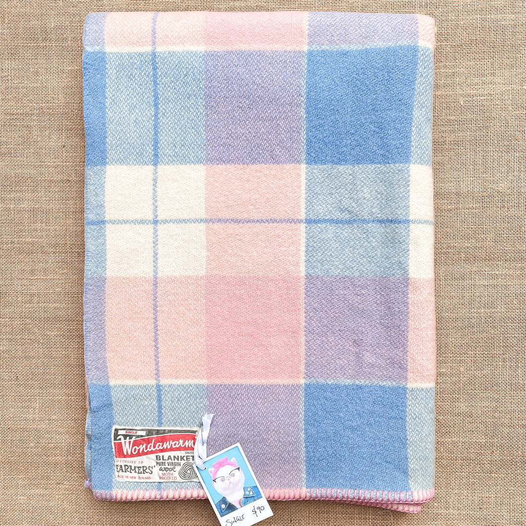 Pretty Pastel Pink & Blue SINGLE Pure New Zealand Wool Blanket