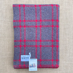 Vintage Red Check Army Grey SINGLE Pure NZ Wool Blanket