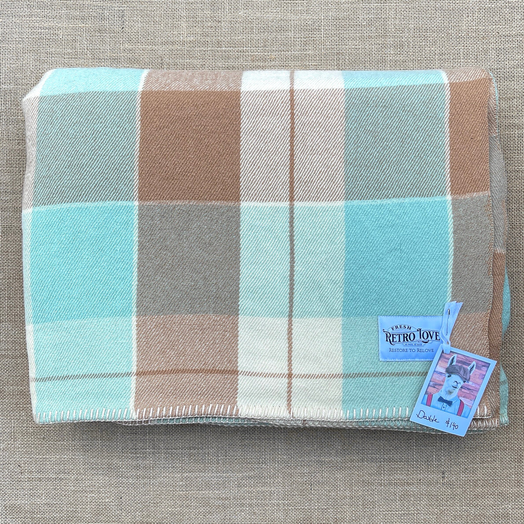 Mint & Tan Bold Check DOUBLE New Zealand Wool Blanket.