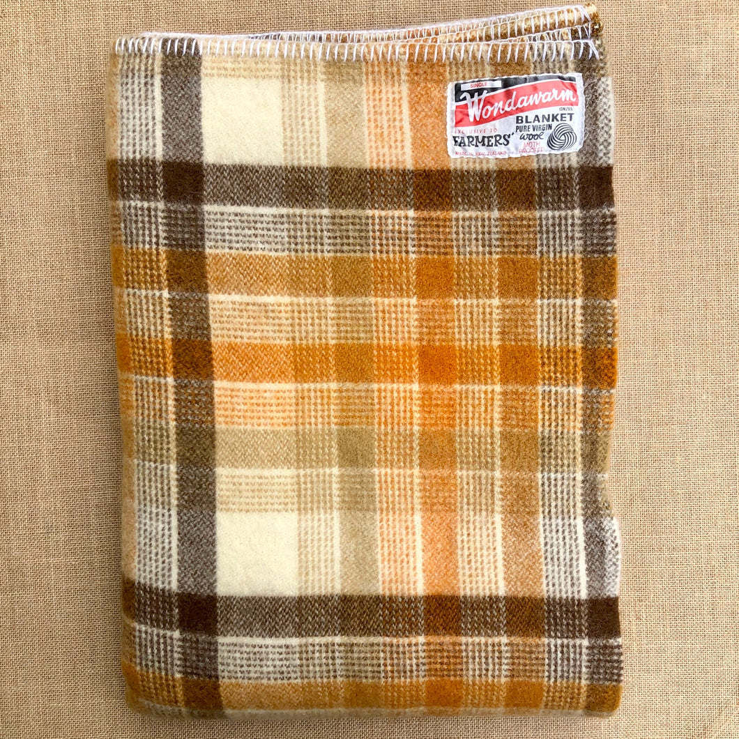 Thick Brown Check Winter Weight SINGLE New Zealand Wool Blanket - Fresh Retro Love NZ Wool Blankets