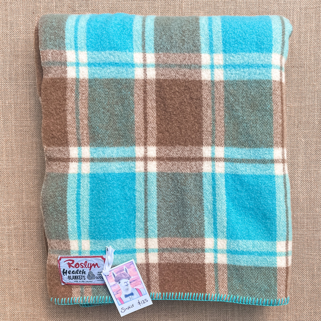 Thick & Heavy Turquoise & Brown SINGLE Pure New Zealand Wool Blanket.