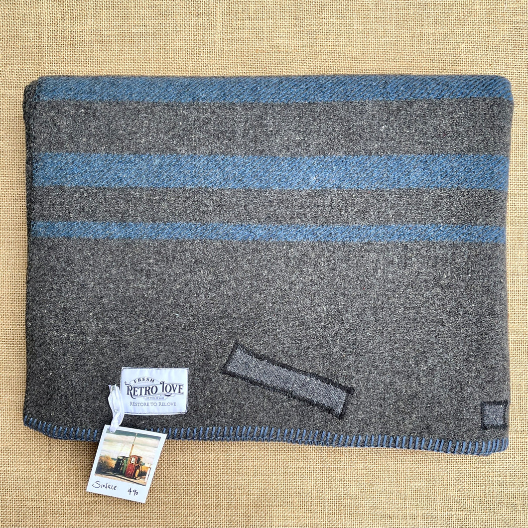 Grey Army Blanket SINGLE with Blue Stripe New Zealand Wool Blanket