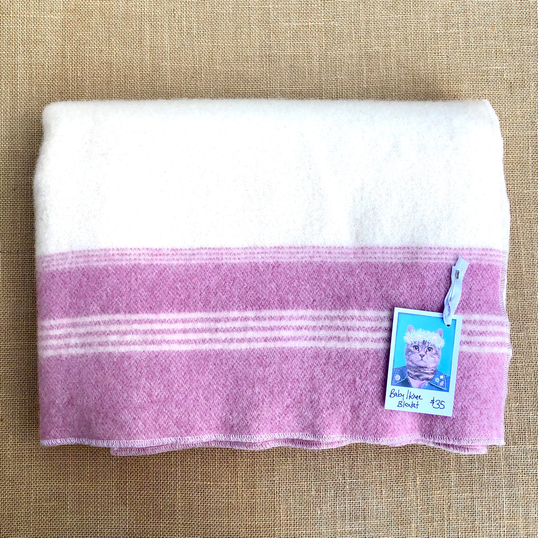 Classic KNEE/BABY Blanket in Cream with Rouge Pink Stripe - Fresh Retro Love NZ Wool Blankets