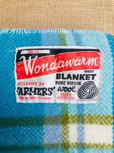 Wondawarm KNEE/COT Blanket in Bright Turquoise with Patch Features - Fresh Retro Love NZ Wool Blankets